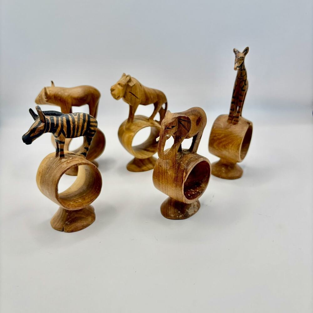 Vintage Set of 5 Hand Carved African Safari Animal Wooden Napkin Rings Footed